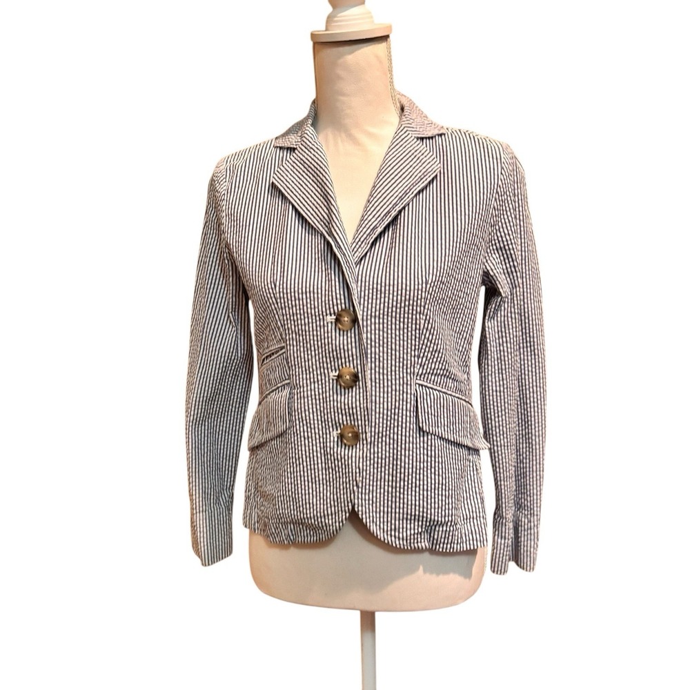 L.L. Bean Blue White Seersucker‎ Blazer Jacket Women's Size  4 Petite Cotton